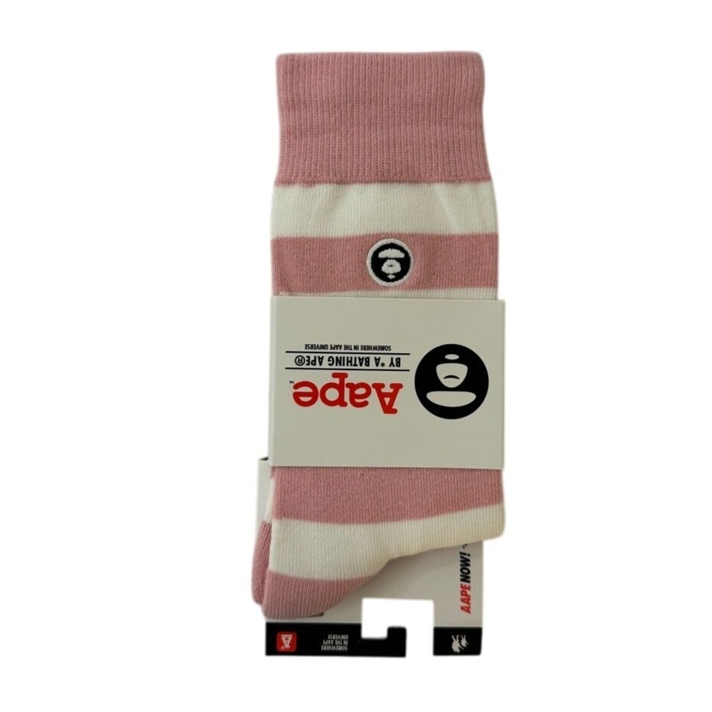 Bape Crew Socks Logo Mens Womens Unisex Size 9-11 Pink White Striped Circle Ape